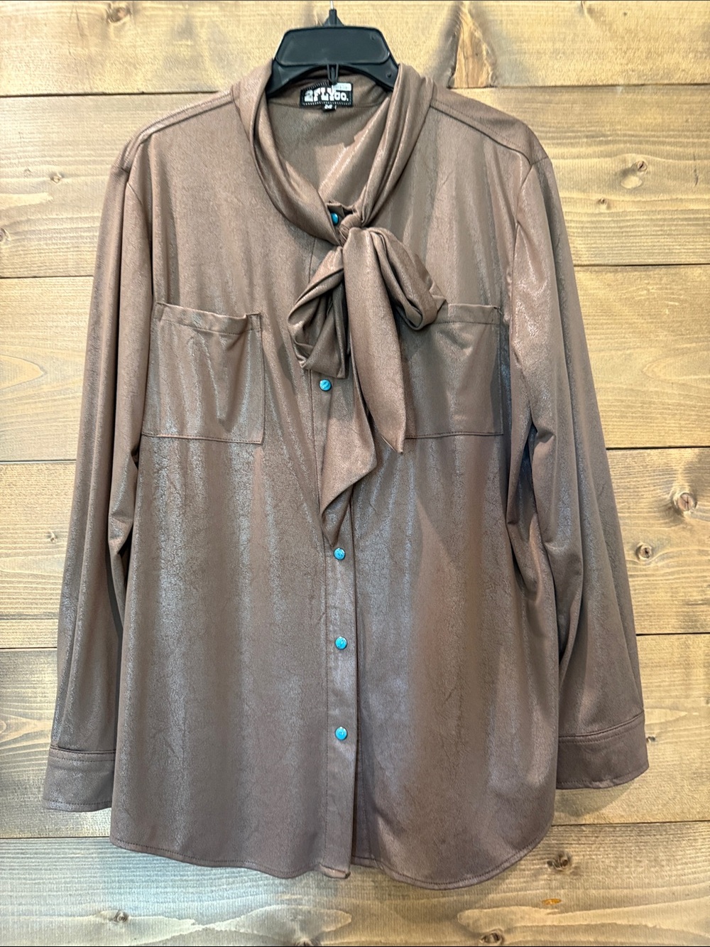 2 Fly Brown Tie-Neck Snap Front Blouse
